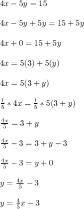 4x-5y=15\\\\4x-5y+5y=15+5y\\\\4x+0=15+5y\\\\4x=5(3)+5(y)\\\\4x=5(3+y)\\\\\frac{1}{5}*4x= \frac{1}{5}*5(3+y) \\\\\frac{4x}{5}=3+y\\\\\frac{4x}{5} -3=3+y-3\\\\\frac{4x}{5} -3=y+0\\\\y=\frac{4x}{5} -3\\\\y=\frac{4}{5}x-3