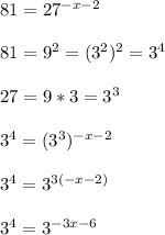 81=27^{-x-2} \\\\81=9^2=(3^2)^2=3^4\\\\27=9*3=3^3\\\\3^4=(3^3)^{-x-2}\\\\3^4=3^{3(-x-2)}\\\\3^4=3^{-3x-6}