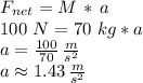F_{net}= M\,*\,a\\100\,\,N = 70\,\,kg * a\\a = \frac{100}{70} \,\frac{m}{s^2} \\a\approx 1.43\,\frac{m}{s^2}