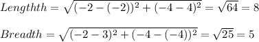 Lengthth=\sqrt{(-2-(-2))^2+(-4-4)^2}=\sqrt{64}=8\\  \\Breadth=\sqrt{(-2-3)^2+(-4-(-4))^2}=\sqrt{25}=5