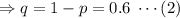 \Rightarrow q=1-p=0.6 \; \cdots (2)