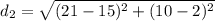 d_2=\sqrt{(21-15)^2+(10-2)^2}