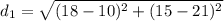 d_1=\sqrt{(18-10)^2+(15-21)^2}