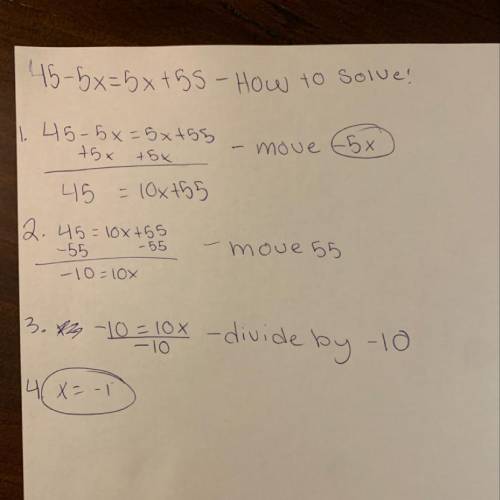 How do you work out 45 - 5x=5x +55