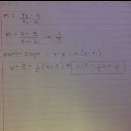 Complete the point-slope equation of the line through (2,3) and (7,4)