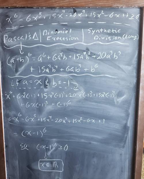 Trigonometry Edgenuity

What is the solution to x^6 – 6x^5 + 15x^4 – 20x^3 + 15x^2 – 6x + 1 ≥ 0?
x =