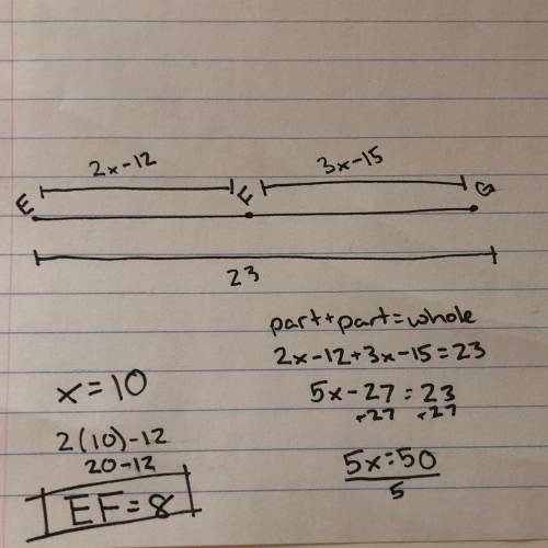 If EF= 2x-12, FG=3x-15 and EG= 23 find EF
I need help