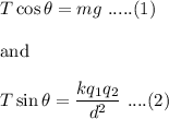T\cos\theta=mg\ .....(1)\\\\\text{and}\\\\T\sin\theta=\dfrac{kq_1q_2}{d^2}\ ....(2)