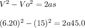 V^2-Vo^2 = 2as\\\\ (6.20)^2 - (15)^2 = 2 a 45.0\\\\