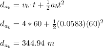 d_{a_b} = v_b_1t + \frac{1}{2} a_b t^2\\\\d_{a_b} = 4*60 + \frac{1}{2}(0.0583) (60)^2\\\\d_{a_b} =  344.94 \ m
