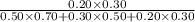 \frac{0.20\times 0.30}{0.50\times 0.70+0.30\times 0.50+0.20\times 0.30}