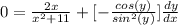 0  =  \frac{2x}{ x^2 + 11}  + [-\frac{cos(y)}{ sin^2(y) }]\frac{dy}{dx}