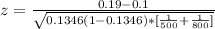 z  =  \frac{0.19 - 0.1 }{ \sqrt{0.1346 (1 - 0.1346 )*  [\frac{1}{500} + \frac{1}{800}  ]} }