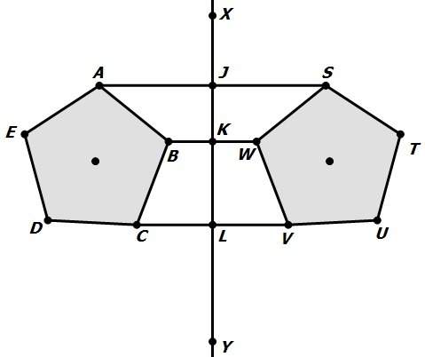 In the diagram shown below, regular polygon abcde is reflected over line xy to polygon swvut.&lt;