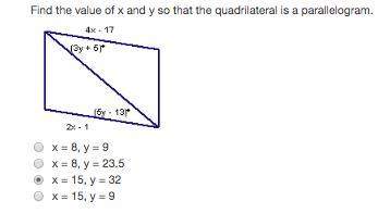 Find the value of x and y so that the quadrilateral is a parallelogram.