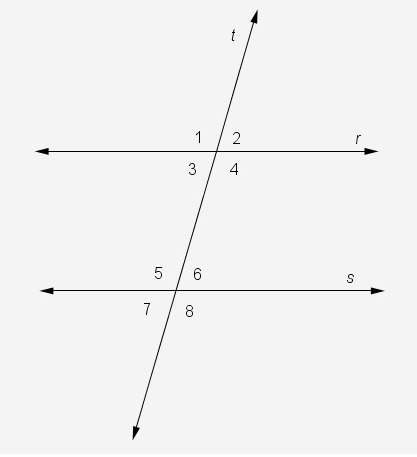 Proving theorems about lines  transversal t cuts parallel lines r and s.