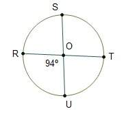 Segments rt and su are diameters of circle o. what is m?  258° 266° 27