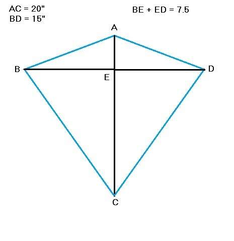 Kite abcd has a longer diagonal ac with a length of 20in and a shorter diagonal bd with a length of