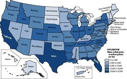 The map below shows daily water usage in the united states. use the map to answer the following ques