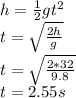 h=\frac{1}{2}gt^{2}  \\t=\sqrt{\frac{2h}{g} } \\t=\sqrt{\frac{2*32}{9.8} }\\t=2.55s