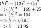 (h)^{2}  = (13)^{2}  +  {(5)}^{2}  \\ =    (h)^{2}  =  169 + 25 \\  =   (h)^{2}  = 194 \\  =   h =  \sqrt{194}  \\  =   h = 13.92