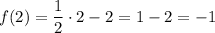 \displaystyle f(2) = \frac{1}{2} \cdot 2-2=1-2=-1