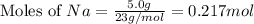 \text{Moles of }Na=\frac{5.0g}{23g/mol}=0.217mol