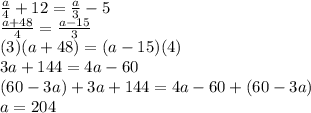 \frac{a}{4} +12 = \frac{a}{3} -5 \\ \frac{a +48}{4} = \frac{a -15}{3} \\ (3)(a +48) = (a - 15)(4) \\ 3a +144 = 4a -60 \\ (60 -3a) + 3a +144 = 4a -60 +(60 -3a) \\ a = 204