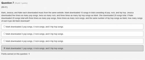 Mark, jessica, and nate each downloaded music from the same website. mark downloaded 10 songs in tot
