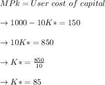 MPk = User \ cost\  of\  capital\\\\\to 1000 - 10K* = 150\\\\\to 10K* = 850\\\\\to K* = \frac{850}{10}\\\\\to K* =85 \\\\