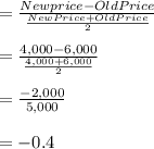 = \frac{New price - Old Price}{\frac{New Price + Old Price }{2} } \\\\= \frac{4,000 - 6,000}{\frac{4,000 + 6,000 }{2} } \\\\= \frac{-2,000}{5,000} \\\\= -0.4