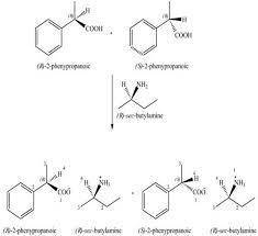 An acid-base reaction of (r)-sec-butylamine with a racemic mixture of 2-phenylpropanoic acid forms t