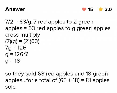 a produce store sells 63 apples if the ratio of red apples to green apples was sold was 7 to 2 what