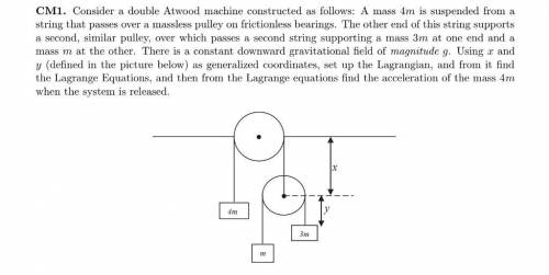 Consider a double Atwood machine constructed as follows: A mass 4m is suspended from a string that p