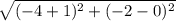 \sqrt{(-4+1)^2+(-2-0)^2}