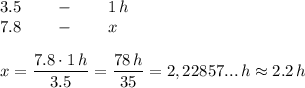 3.5\qquad-\quad\quad1\,h \\7.8\qquad-\qquad x\\\\ x=\dfrac{7.8\cdot1\,h}{3.5}=\dfrac{78\,h}{35}=2,22857...\, h\approx2.2\,h