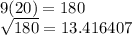 9(20)=180&#10;&#10; \sqrt{180} = 13.416407