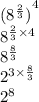 {({8}^{ \frac{2}{3} })}^{4}  \\  {8}^{ \frac{2}{3} \times 4 }  \\  {8}^{ \frac{8}{3} }  \\  {2}^{3 \times  \frac{8}{3} }  \\  {2}^{8}