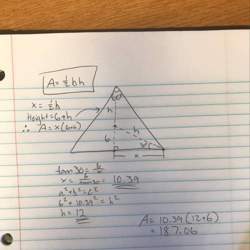 The area of an equilateral triangle with a 6 inch apothem