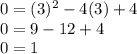 0=(3)^2-4(3)+4 \\ 0=9-12+4 \\ 0=1