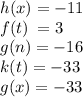 h(x )=  - 11 \\f( t )\:  = 3 \\ g(n) =  - 16 \\ k(t) =  - 33 \\ g(x) =  - 33