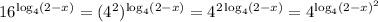 16^{\log_4(2-x)}=(4^2)^{\log_4(2-x)}=4^{2\log_4(2-x)}=4^{\log_4(2-x)^2}