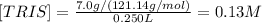 [TRIS]=\frac{7.0g/(121.14g/mol)}{0.250L}=0.13M