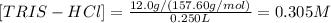 [TRIS-HCl]=\frac{12.0g/(157.60g/mol)}{0.250L}=0.305M