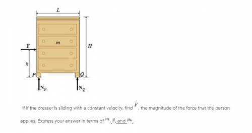 If the dresser is sliding with a constant velocity, find FFF, the magnitude of the force that the pe