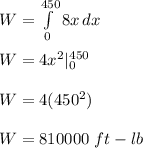 W=\int\limits^{450}_0 {8x} \, dx\\\\W = 4x^2|_0^{450}\\\\W = 4( 450^2)\\\\W= 810000\ ft- lb