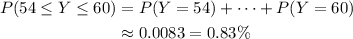 \begin{aligned}P(54 \le Y \le 60) &= P(Y = 54) + \cdots + P(Y = 60)\\ & \approx 0.0083 = 0.83\%\end{aligned}