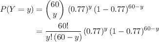 \begin{aligned}P(Y = y) &= \begin{pmatrix}60 \\ y\end{pmatrix}\, (0.77)^{y}\, (1 - 0.77)^{60 - y} \\ &= \frac{60!}{y!\, (60 - y)\!} \, (0.77)^{y}\, (1 - 0.77)^{60 - y} \end{aligned}