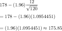 178-(1.96)\dfrac{12}{\sqrt{120}}\\\\=178-(1.96)(1.0954451)\\\\=(1.96)(1.0954451)\approx175.85