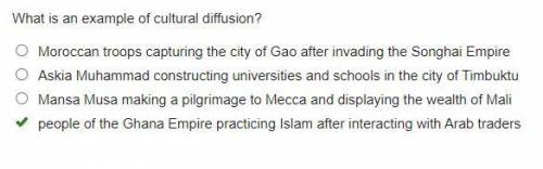 What is an example of cultural diffusion?

A.)Moroccan troops capturing the city of Gao after invadi